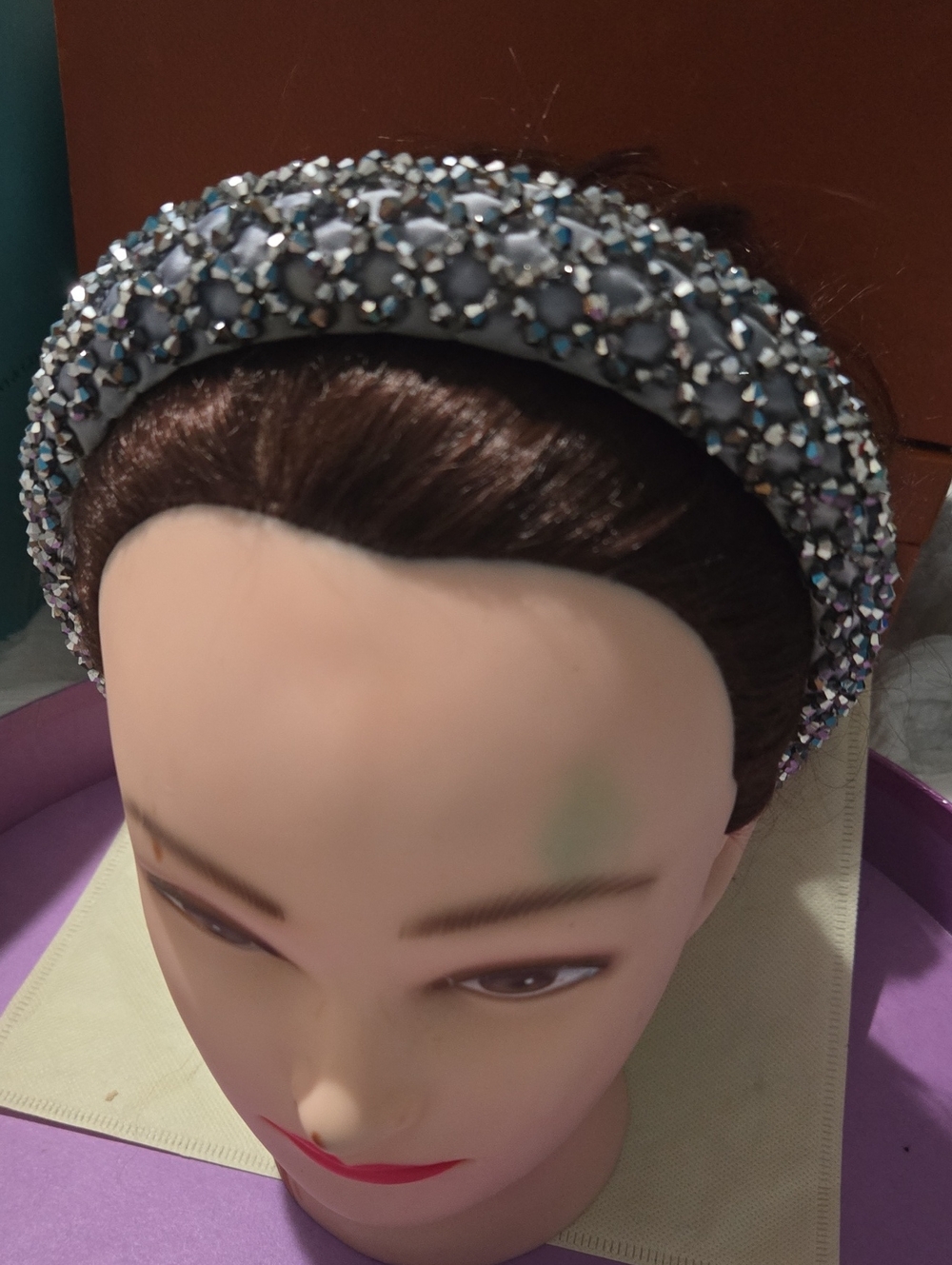 Embellished Padded Headband in Gray Crystal